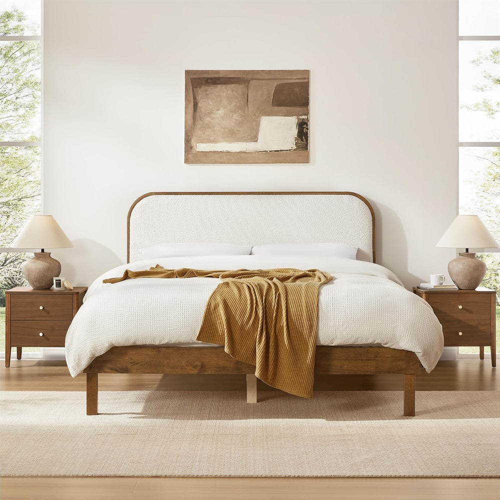 KISLOT Wood Bed Frame with Upholstered Headboard, Mid-Century Boucle Fabric P...