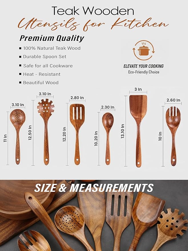 6-Piece Teak Wooden Kitchen Utensil Set – Nonstick Safe Cooking Spoons & - Image 4