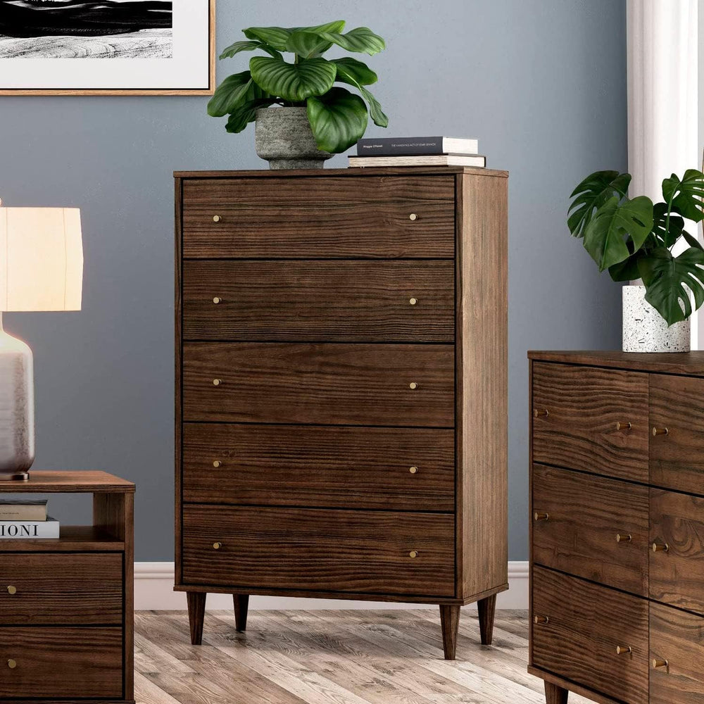 Mid Century 5-Drawer Chest, Brushed Walnut