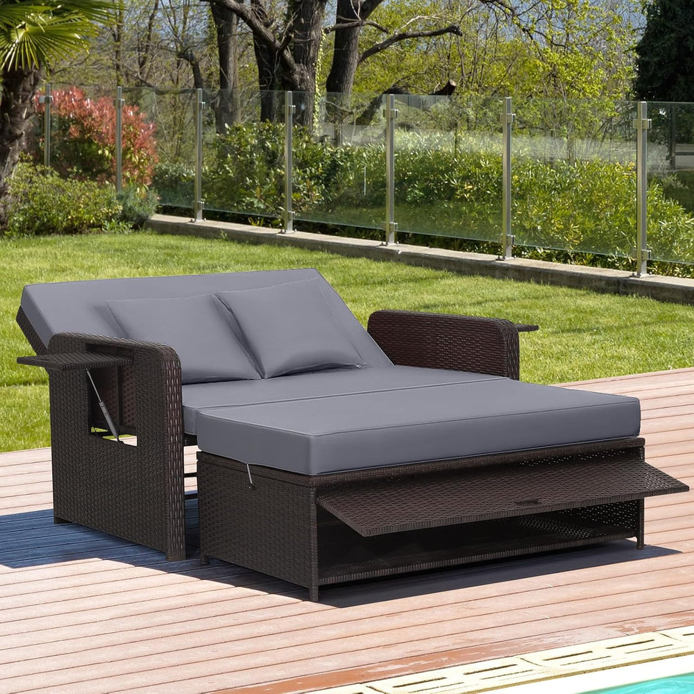 Tangkula Patio Rattan Daybed with 4-Level Adjustable Backrest, Grey Cushion