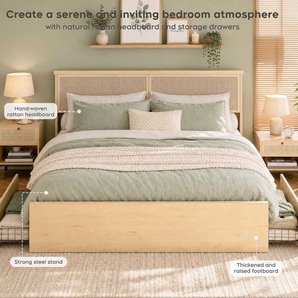 Queen Bed Frame with Natural Rattan Headboard and Wooden 4 Storage Drawers, M...
