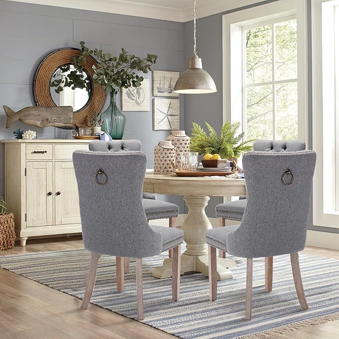 Linen Upholstered Dining Chairs Set of 4, Modern Style Kitchen Side Chairs wi...