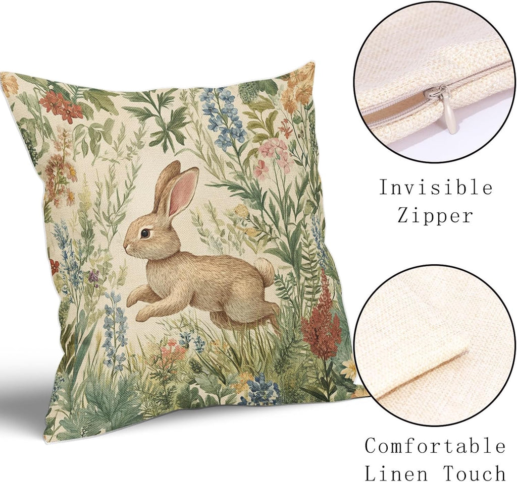 Spring Pillow Covers 16x16 Inch Set of 2 Rabbit Bunny Floral Flower Green Leaves Vintage Botanical Plants Easter Themed Cotton Linen Decorative Throw Pillow Case for Bedroom Sofa Living Room Chair