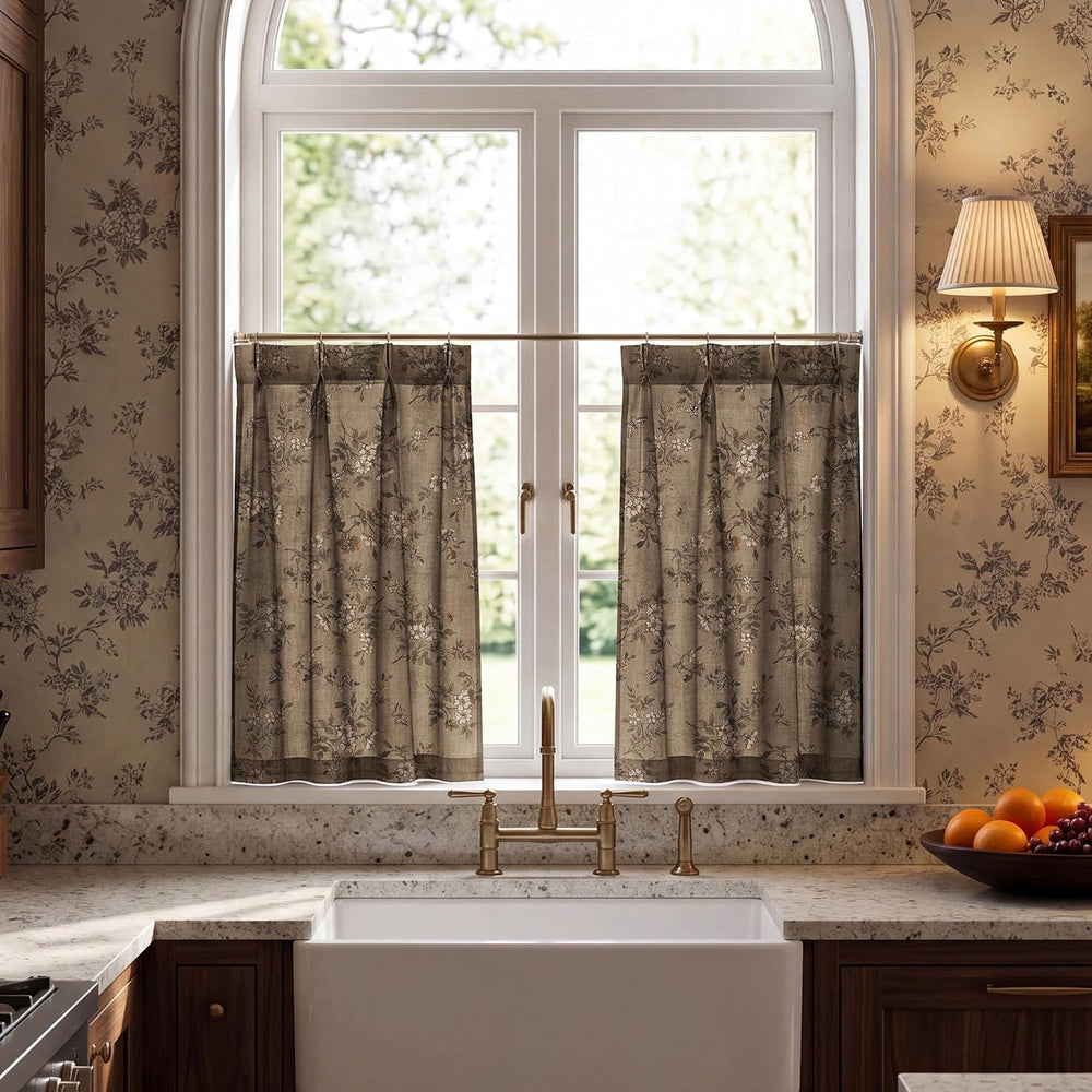 NICETOWN Pinch Pleated Cafe Curtains 36 inch Length, Khaki Floral Print