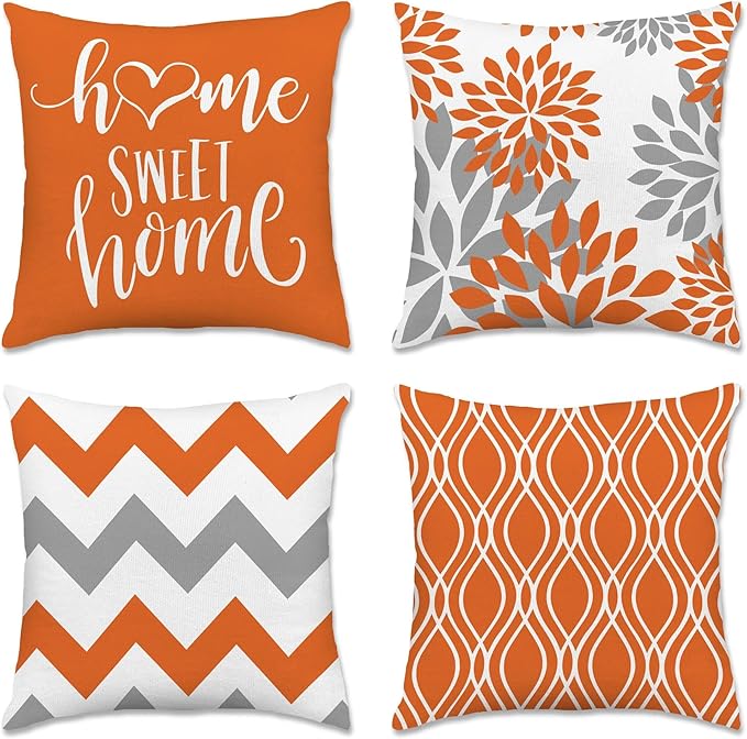 Hexagram Geometric Orange Pillow Covers 18x18 Set of 4, Decorative Outdoor Boho by Hexagram