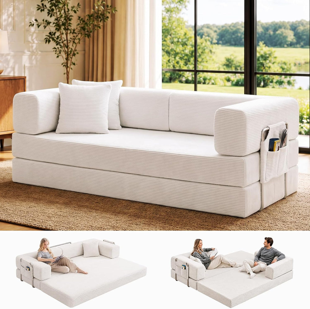 Folding Sofa Bed Convertable Corduroy Couch King Size Floor Sleeper 4-in-1 DI...
