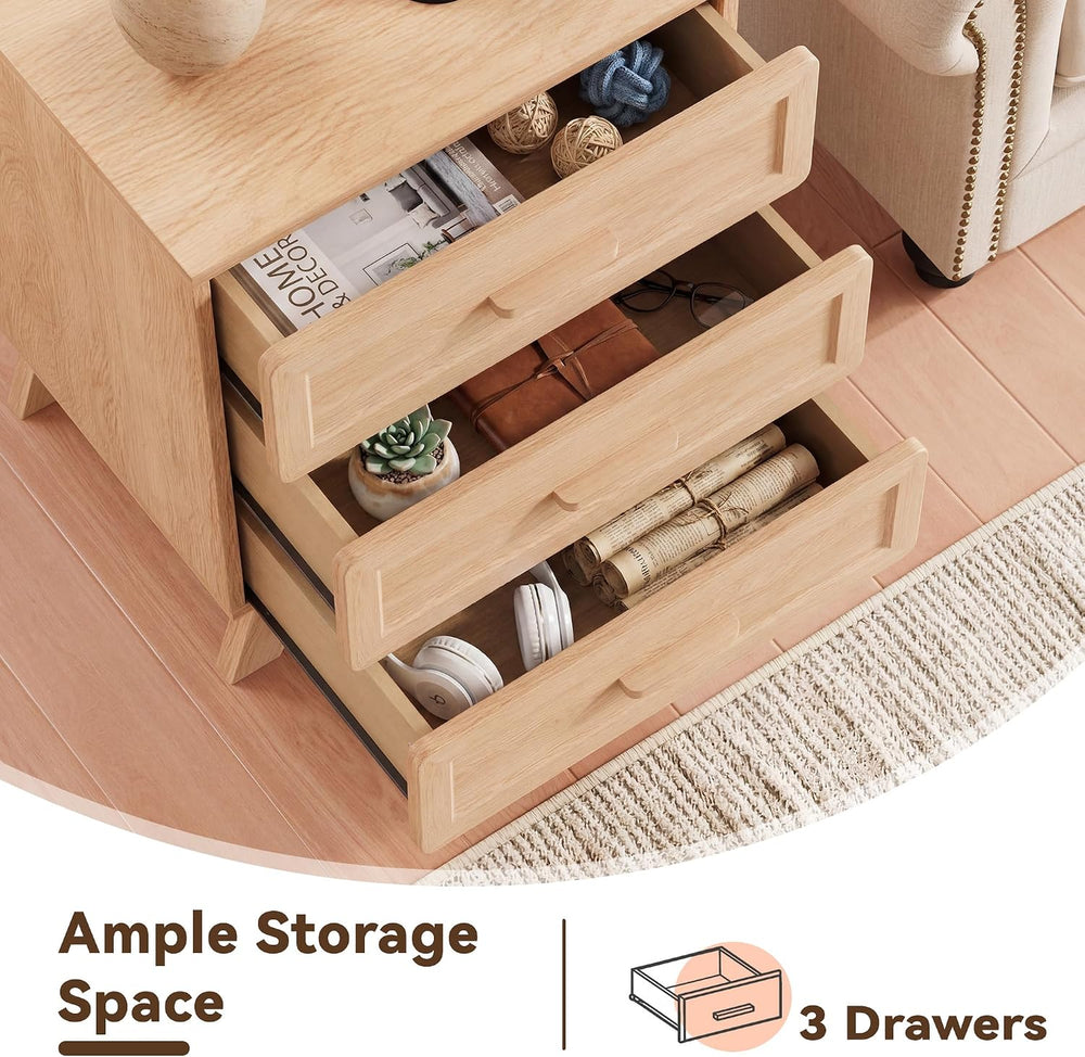 YANSNWO 23.6" Tall Nightstand with Charging Station, 3 Drawers, Natural