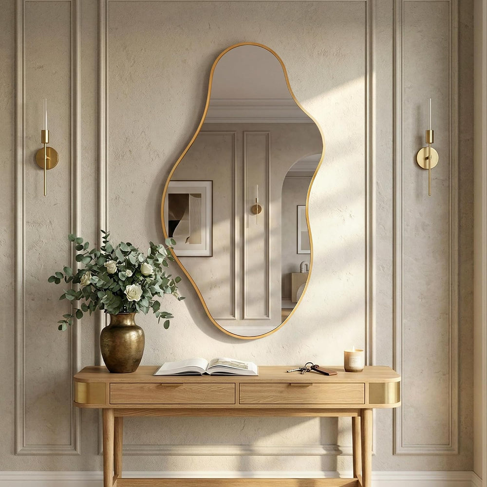 Irregular Wall Mirror, 20"x36" Gold Abstract Asymmetrical Mirrors f...