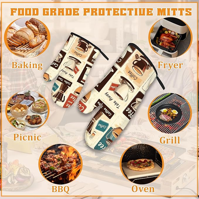 Vintage Coffee Oven Mitts and Pot Holders, Heat Resistant Oven Mitts Gloves and - Image 5