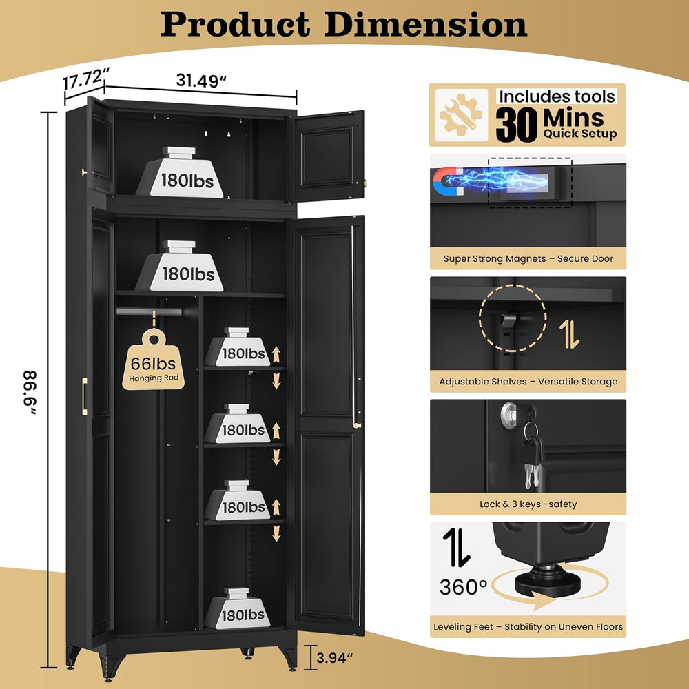 86" Metal Wardrobe Closet with Lock, Tall Armoire, Black