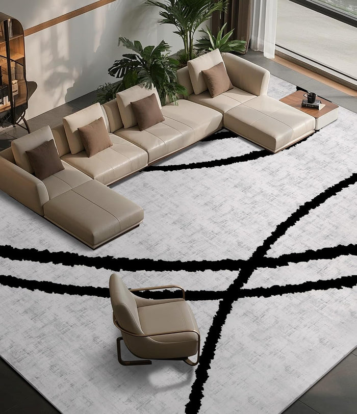 YIHOUSE Modern Area Rugs for Living Room, 8x10 Washable Black and White Rug, Thin Abstract Geometric Striped Rug, Area Rug for Bedroom,Kitchen,Dining Room,Office