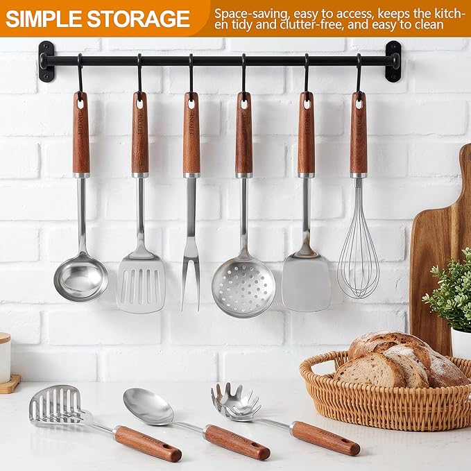 9PCS 18/8 Stainless Steel Kitchen Utensils Set, Heavy Duty Wooden Handle