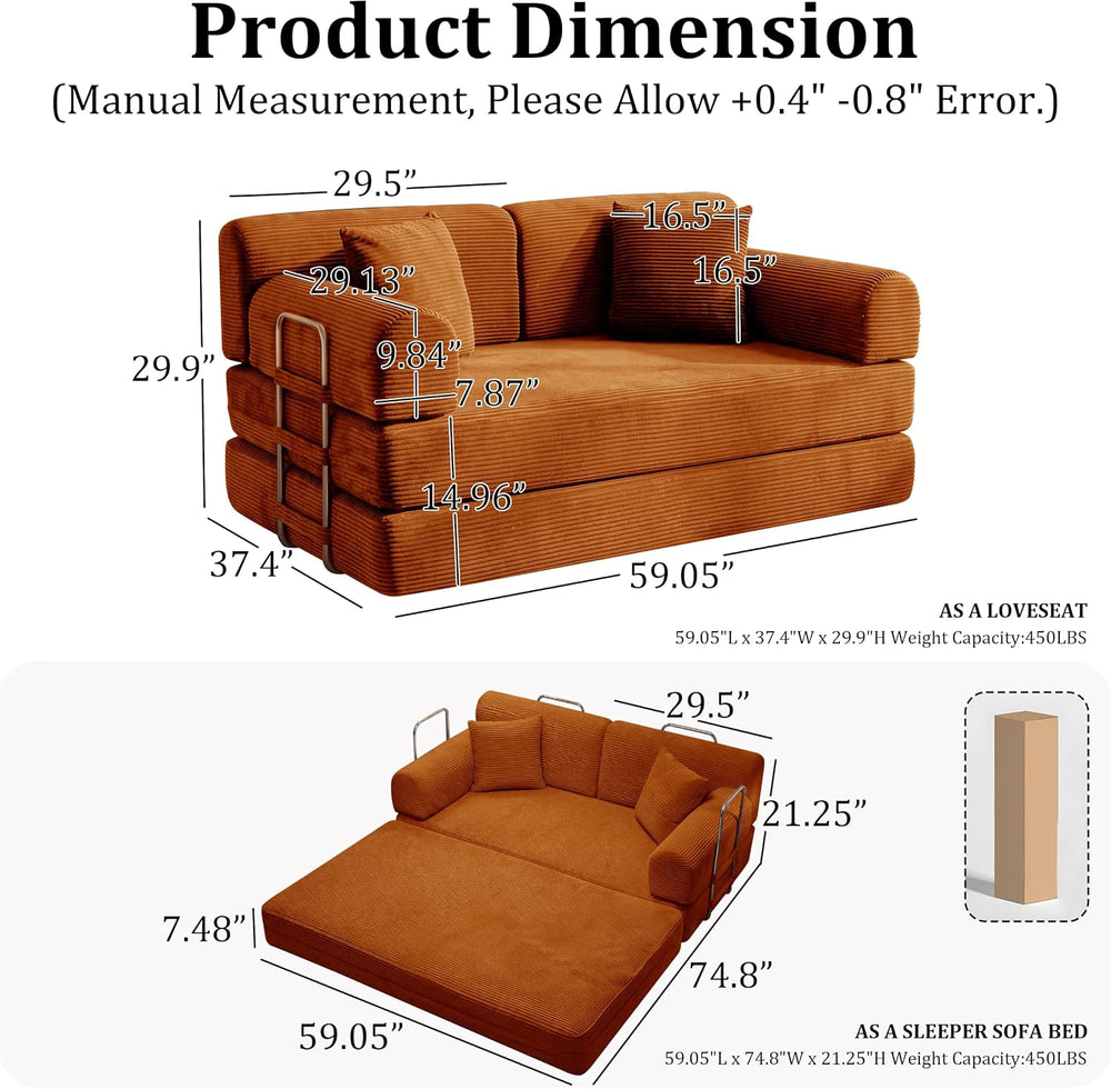 Convertible Sofa Couch Bed, 59"Folding Corduroy Floor Compression Lovese...
