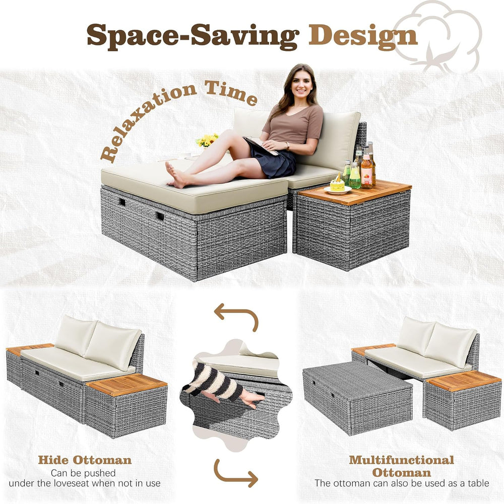 Flamaker Outdoor Rattan Daybed with 2 Side Tables, Wicker Patio Sofa