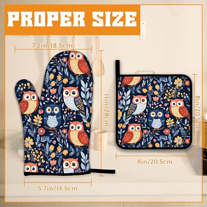 Colorful Cute Owl Oven Mitts and Pot Holders, Heat Resistant Oven Mitts Gloves - Image 2
