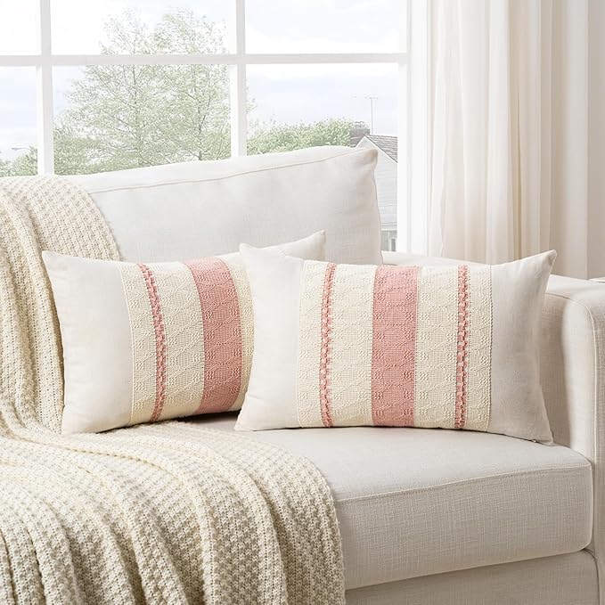 Fancy Homi Set of 1 Boho Pink Lumbar Decorative Throw Pillow Cover 12x20 Inch - Image 2