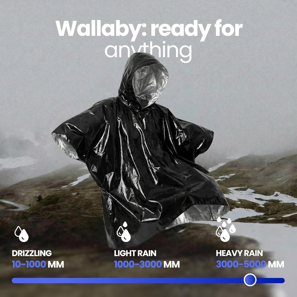 Wallaby Mylar Rain Ponchos, Heavy Duty Survival Shell (4-Pack, Black)