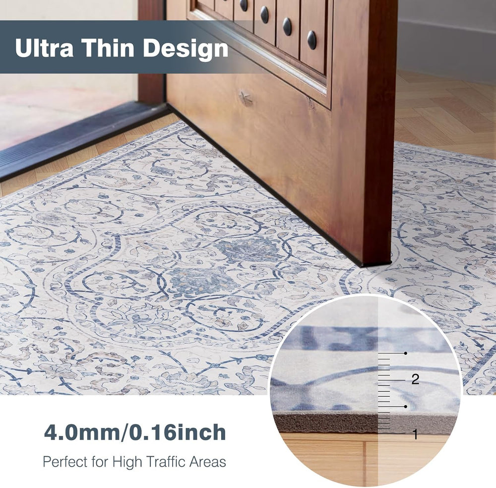 2'×6' Blue Floral Vinyl Runner Rug, Non-Slip Floor Mat for Hallway, K...