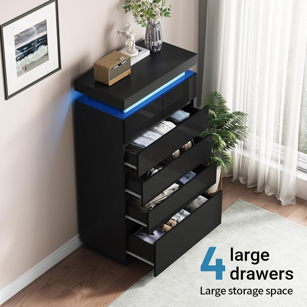51" Tall Gloss 6 Drawer Dresser with Adjustable LED Light, Black