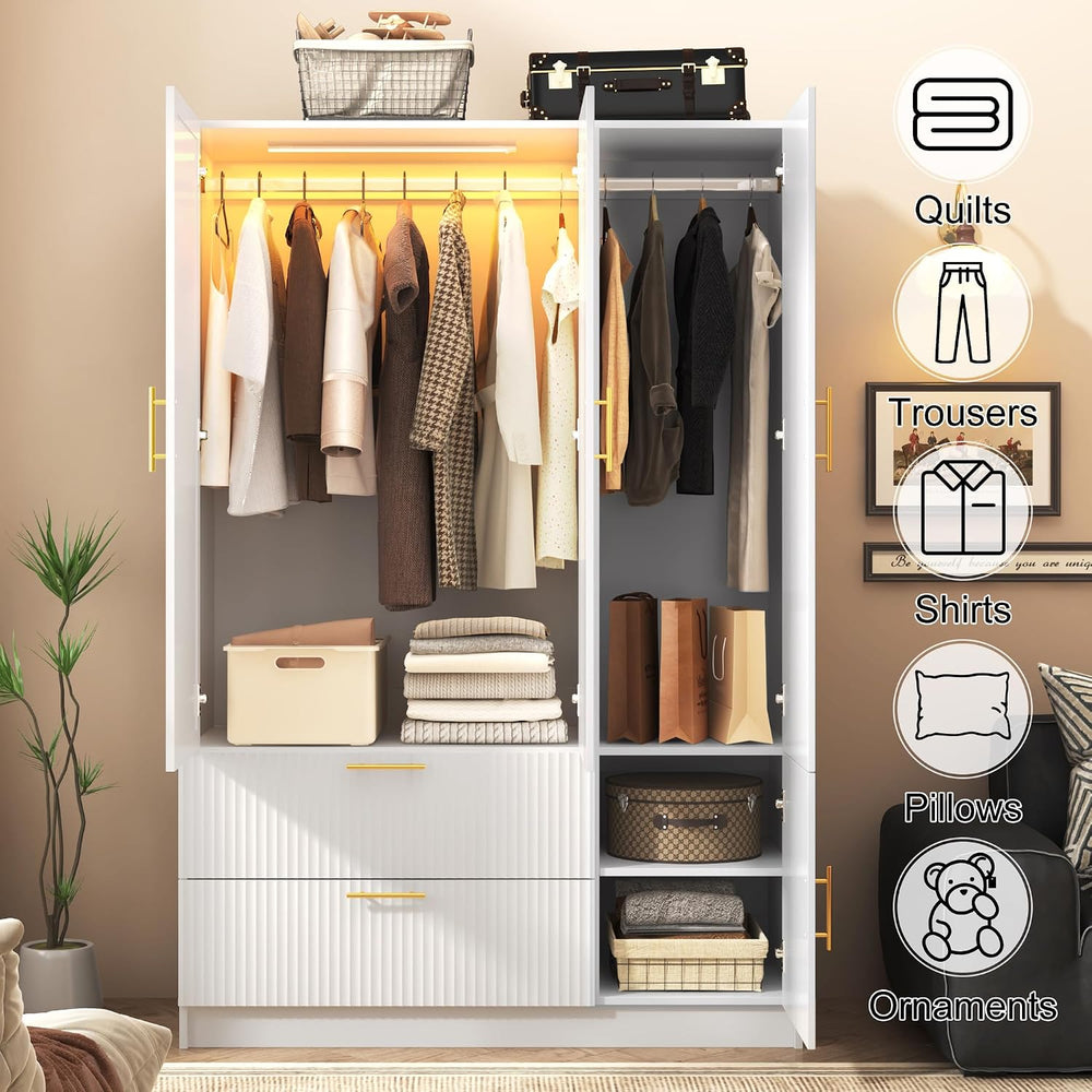 Fluted Style 3 Doors Wardrobe Closet Armoire with Mirrors and LED Lights, 70....