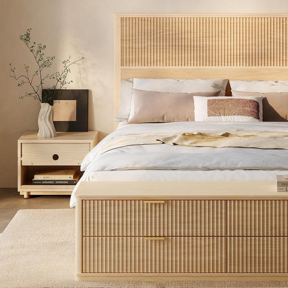 LINSY Fluted Boho Queen Bed Frame with Storage Bench, Natural Oak