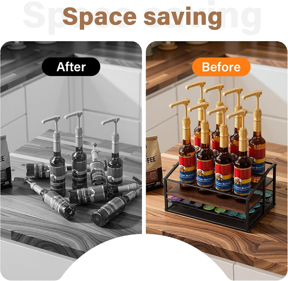 kimilus Coffee Syrup Rack Organizer, 3-Tier 8 Bottle Syrup Rack with 35 K Cup...