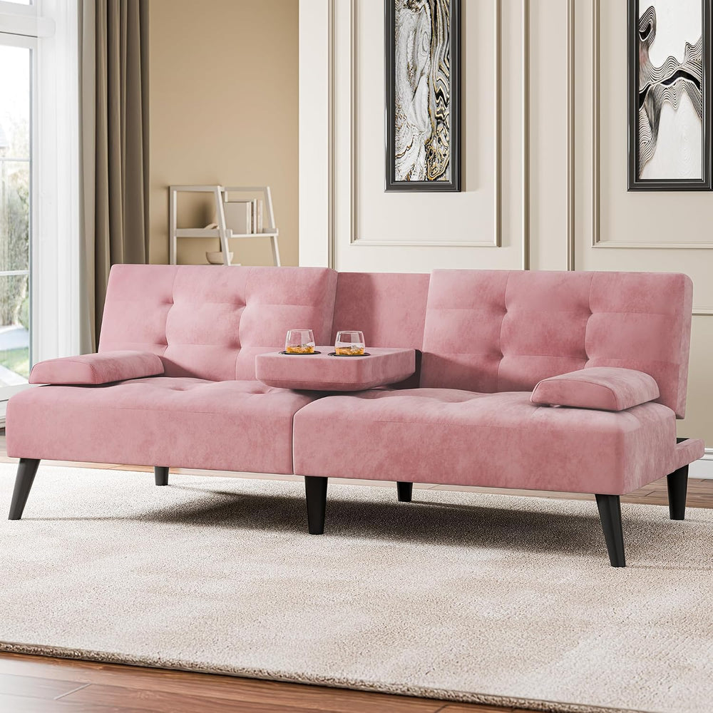 Futon Sofa Bed, 64 in Small Couch with Cup Holders, Pink