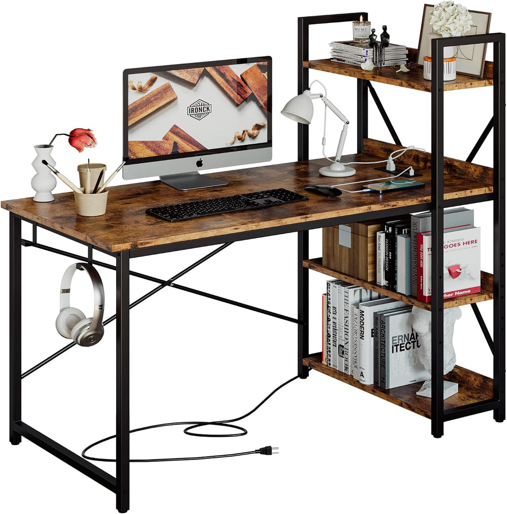IRONCK Computer Desk 47" with Power Outlet and Storage Shelves,Rustic Brown