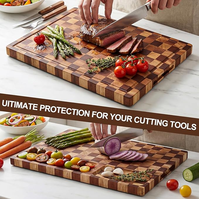 Checkered Cutting Board with Stand, Dual-Sided Wood Cutting Board with Juice