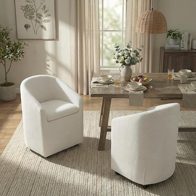 Upholstered Dining Chairs with Casters, Washable Cover Modern Dining Room Cha...