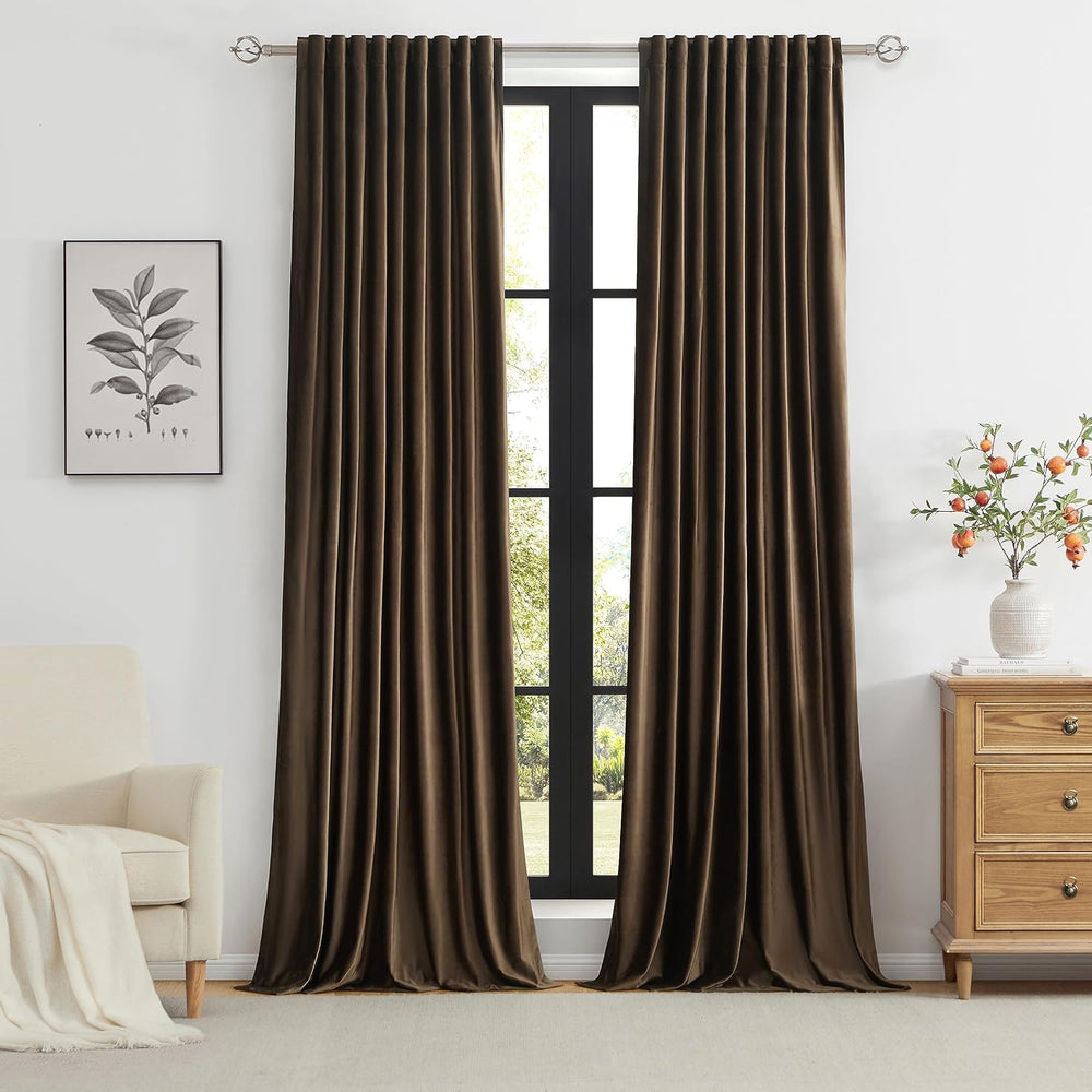 PRIMROSE Brown Velvet Curtains 96 inch Long for Living Room,Set of 2 Panels B...