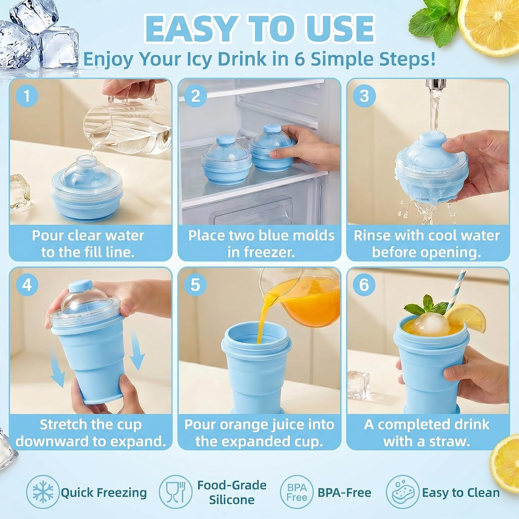 2-in-1 Collapsible Silicone Ice Ball Maker Cup, Reusable Portable Large Ice Sphere Mold with Straw & Lid, Easy to Demo, Leakproof Travel Ice Mold Cup for Coffee,Whiskey,Juice Gym Outdoor-Blue