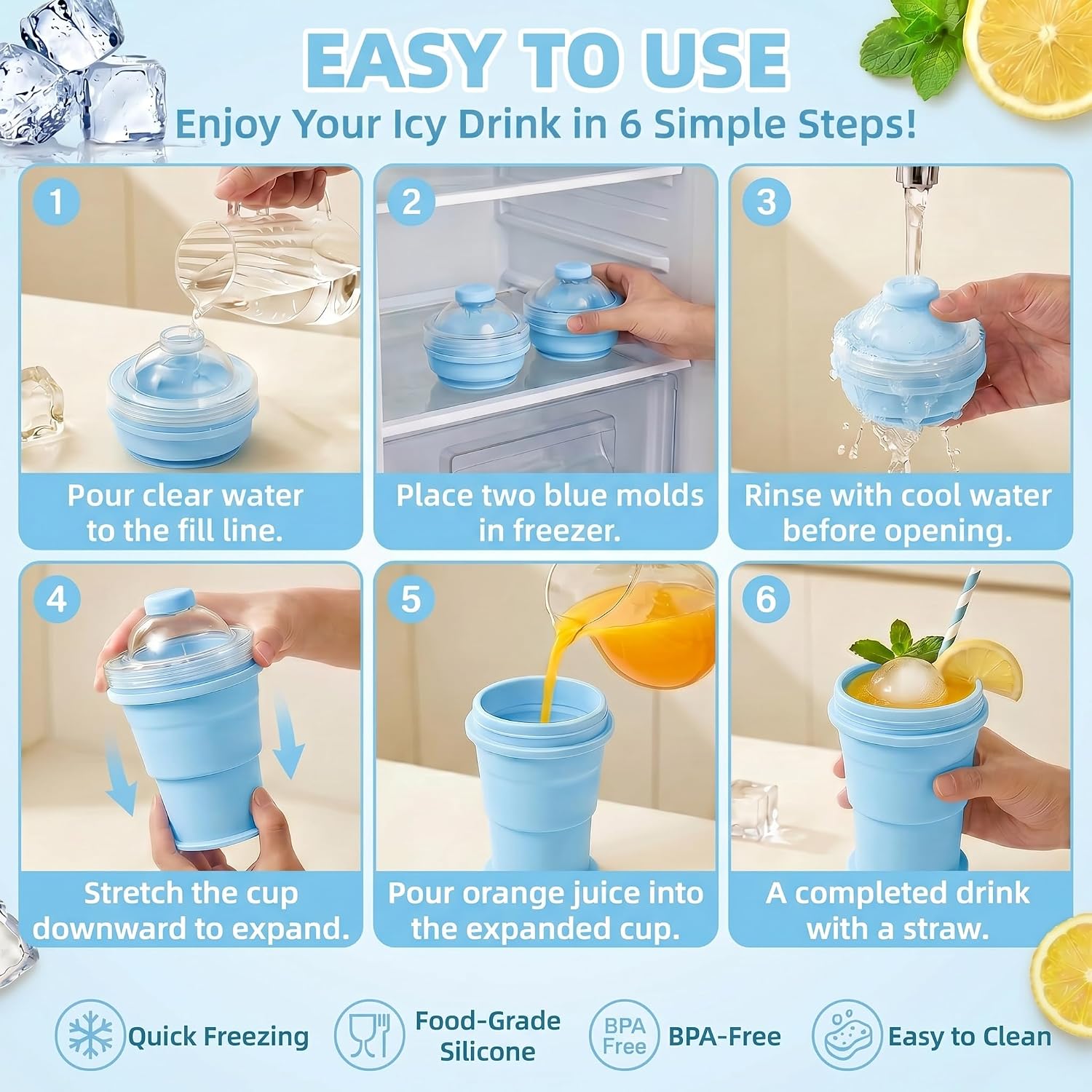 2-in-1 Collapsible Silicone Ice Ball Maker Cup, Reusable Portable Large Ice Sphere Mold with Straw & Lid, Easy to Demo, Leakproof Travel Ice Mold Cup for Coffee,Whiskey,Juice Gym Outdoor-Blue