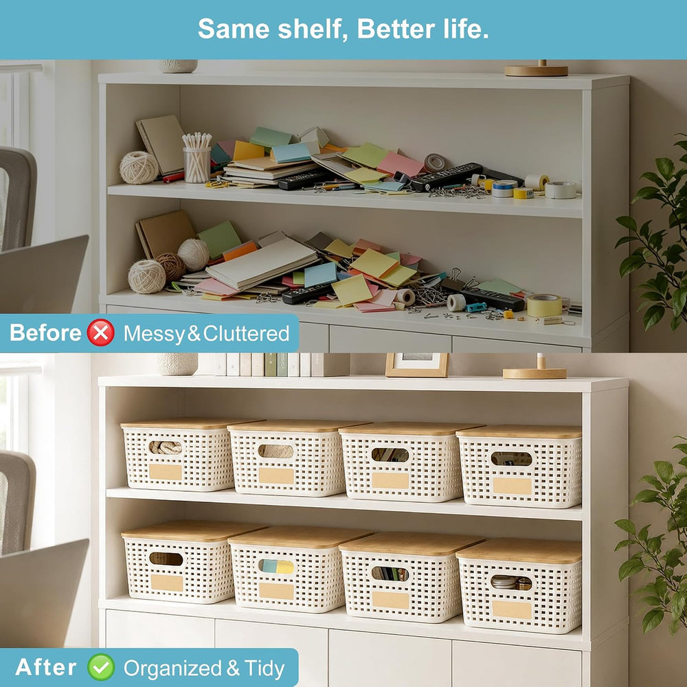 Small Plastic Storage Bins with Bamboo Lids 5.2qt Stackable Box Basket Pantry...