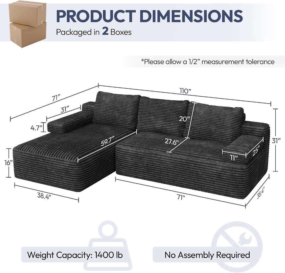 Yaheetech 110" Sectional Sofa Boneless Couch with Chaise, Dark Gray