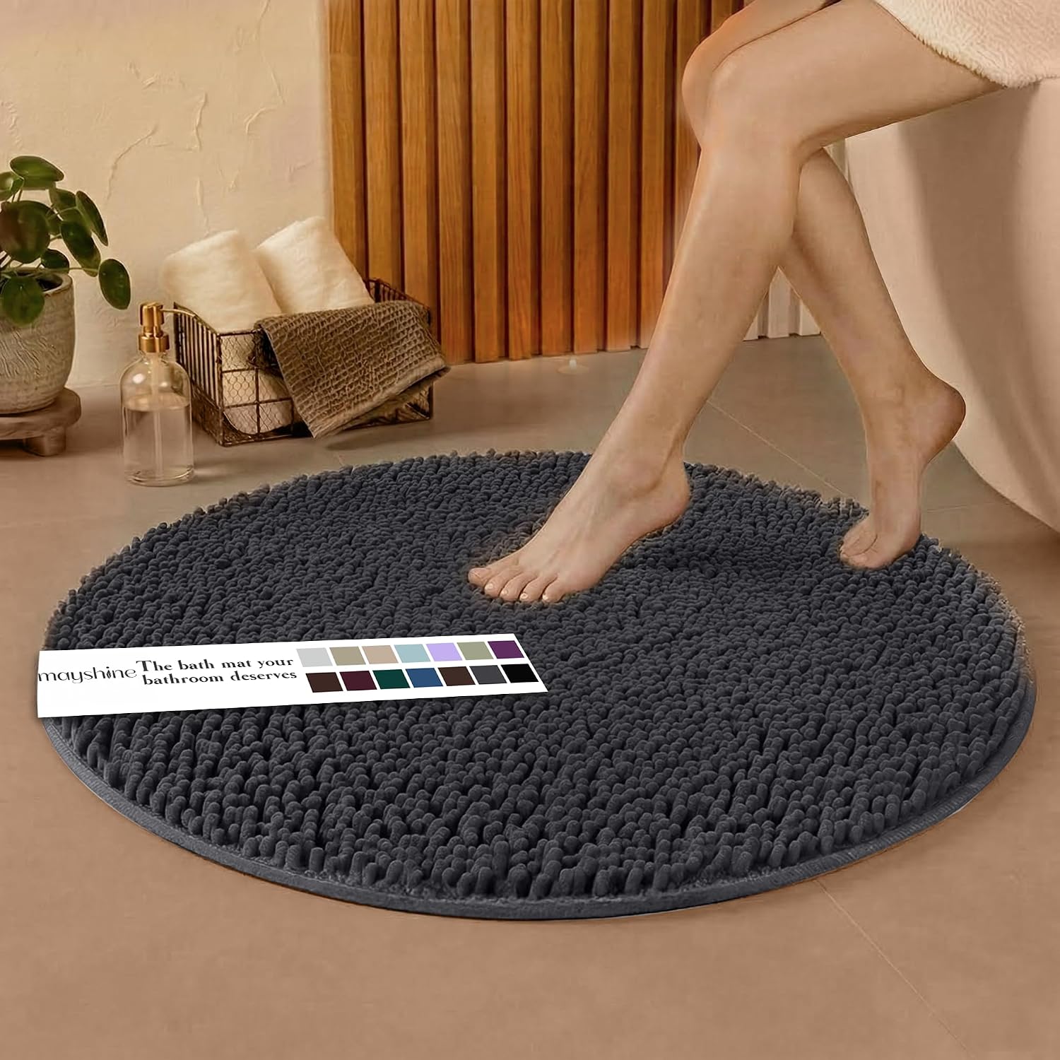 Extra Large Round Area Rug Set for Bathroom 48"x48" Soft Plush Chenille Bath Mat, Water Absorbent Non-Slip Bathroom Rug | Washable Shag Carpet, Bedroom, or Home Décor | Charcoal Gray