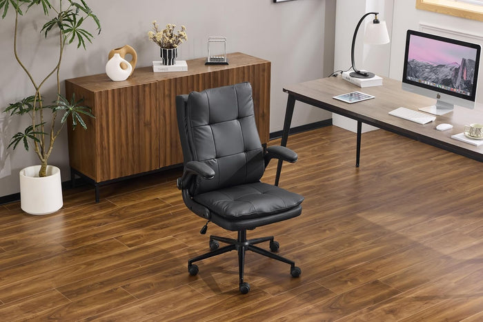 VINGLI Comfy Black Leather Office Desk Chair,Ergonomic High-Back Support Computer Gaming Chair with/No Wheels,Dual-Base,Adjustable Height,Flip-Up Arms,360° Swivel Rolling Task Chair for Home Office