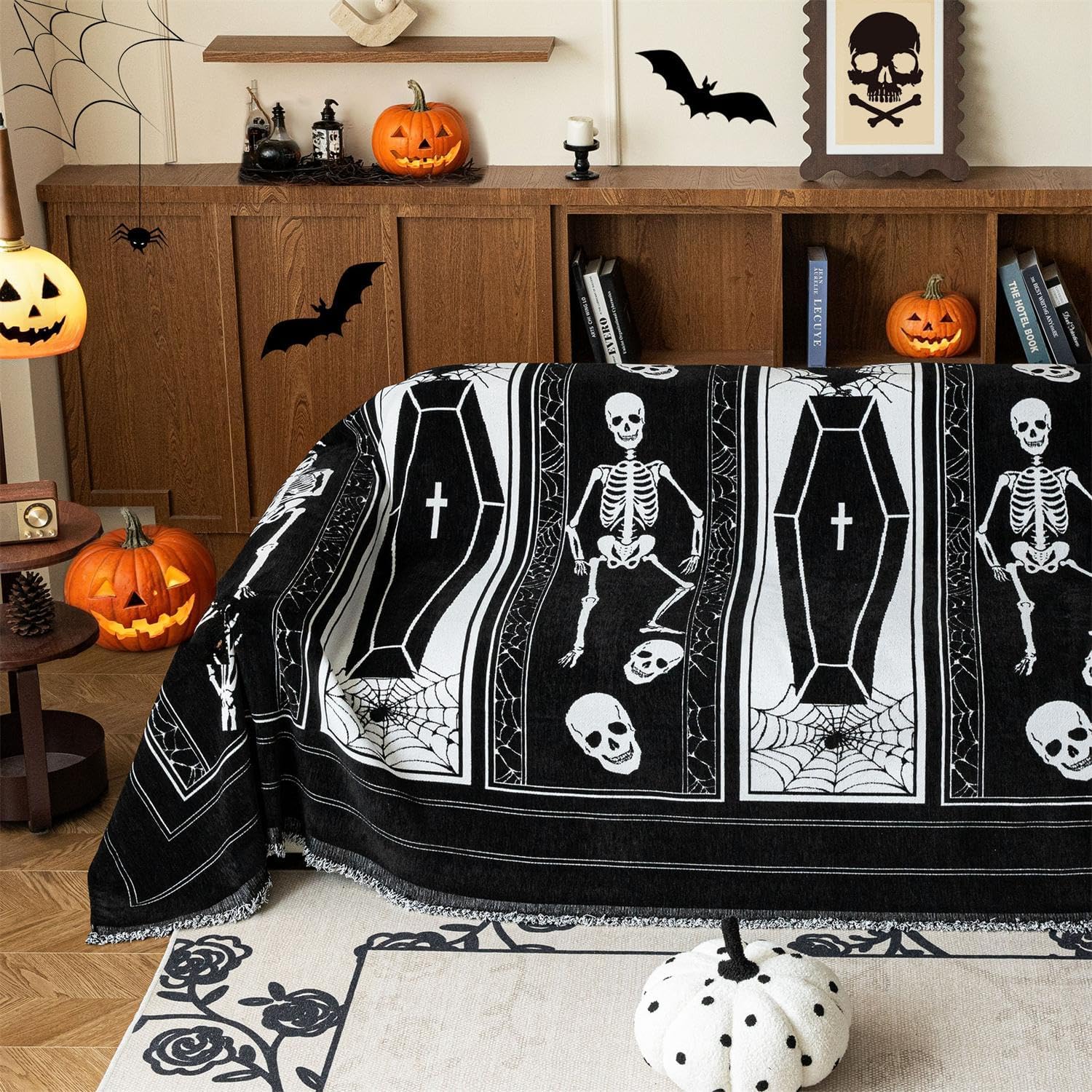 Cmfshape Halloween Sofa Couch Cover,Skull Prank Sofa Slipcovers for 3 Cushion Couch,Black Sofa Towel for Living Room Sectional,Furniture Protector for Pets,Kids-71"x102"