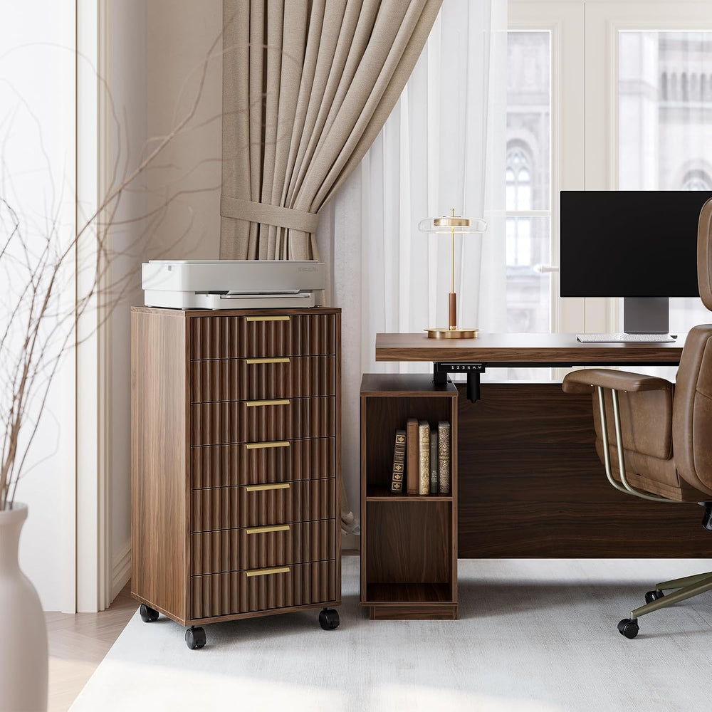 7 Drawer File Cabinet with Wheels for Home Office, Black Walnut