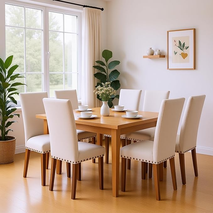 Set of 6 Beige Upholstered Dining Chairs – Farmhouse Kitchen Chairs with High...