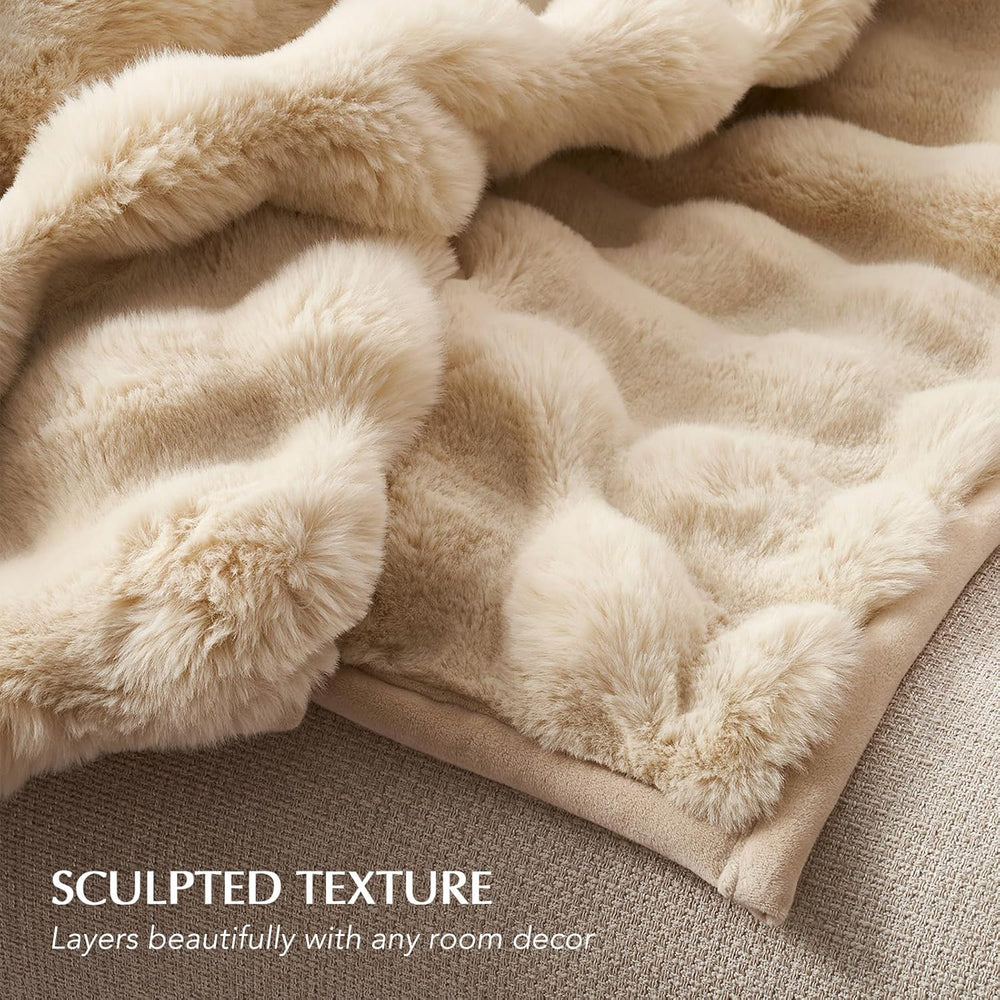 Faux Rabbit Fur Bubble Throw Blanket, 60"x80", Cream