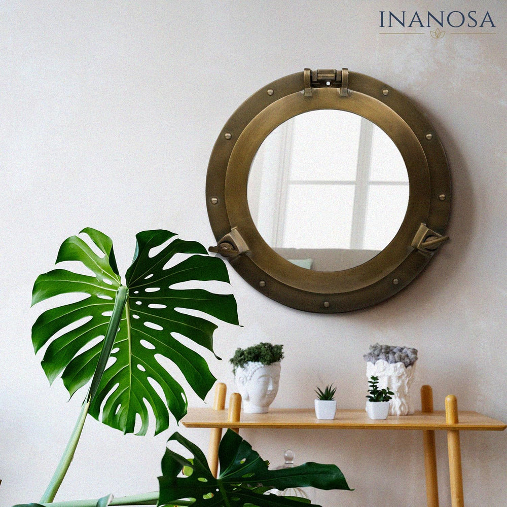 8 Inch Porthole Mirror – Small Round Nautical Wall Decor, Antique Brass Alumi...