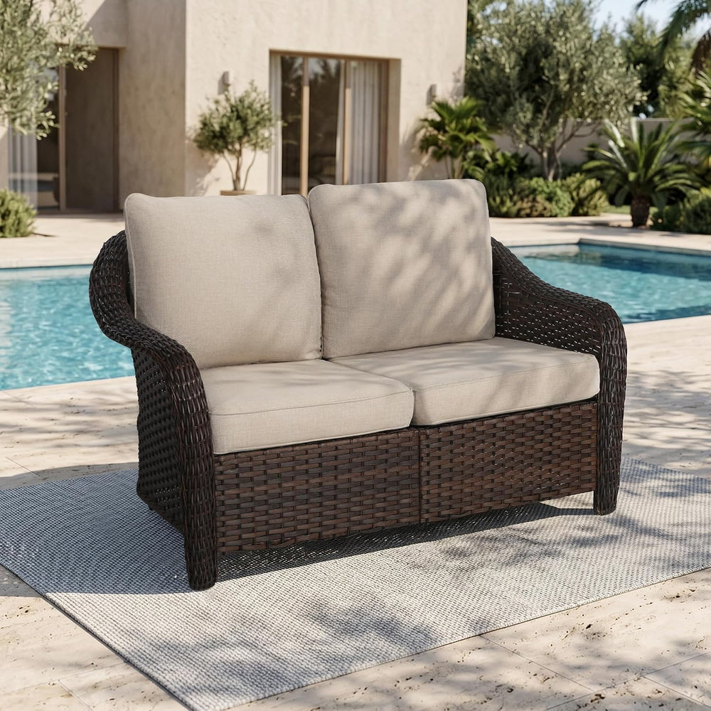 55 inch Outdoor Wicker 2 Seater Sofa, All-Weather Use Patio Rattan Loveseat w...