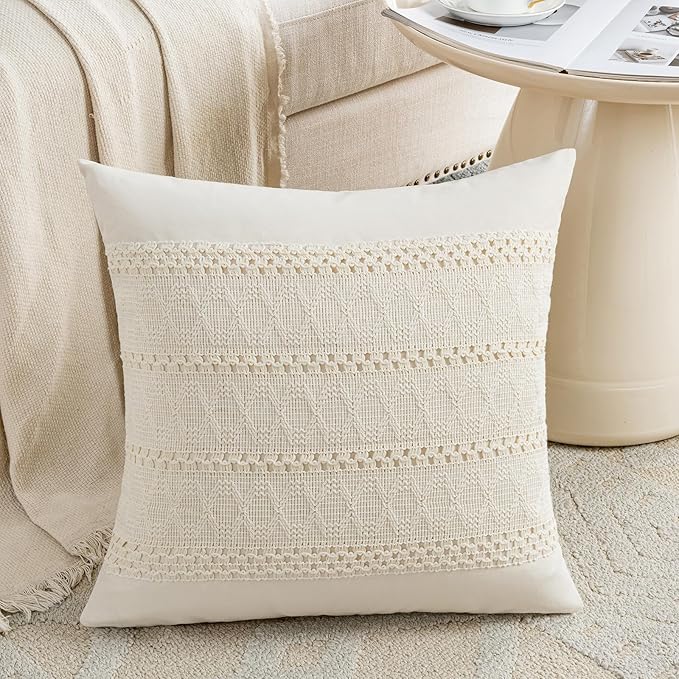 Fancy Homi Set of 1 Boho Cream Decorative Throw Pillow Cover 16x16 Inch by Fancy+Homi