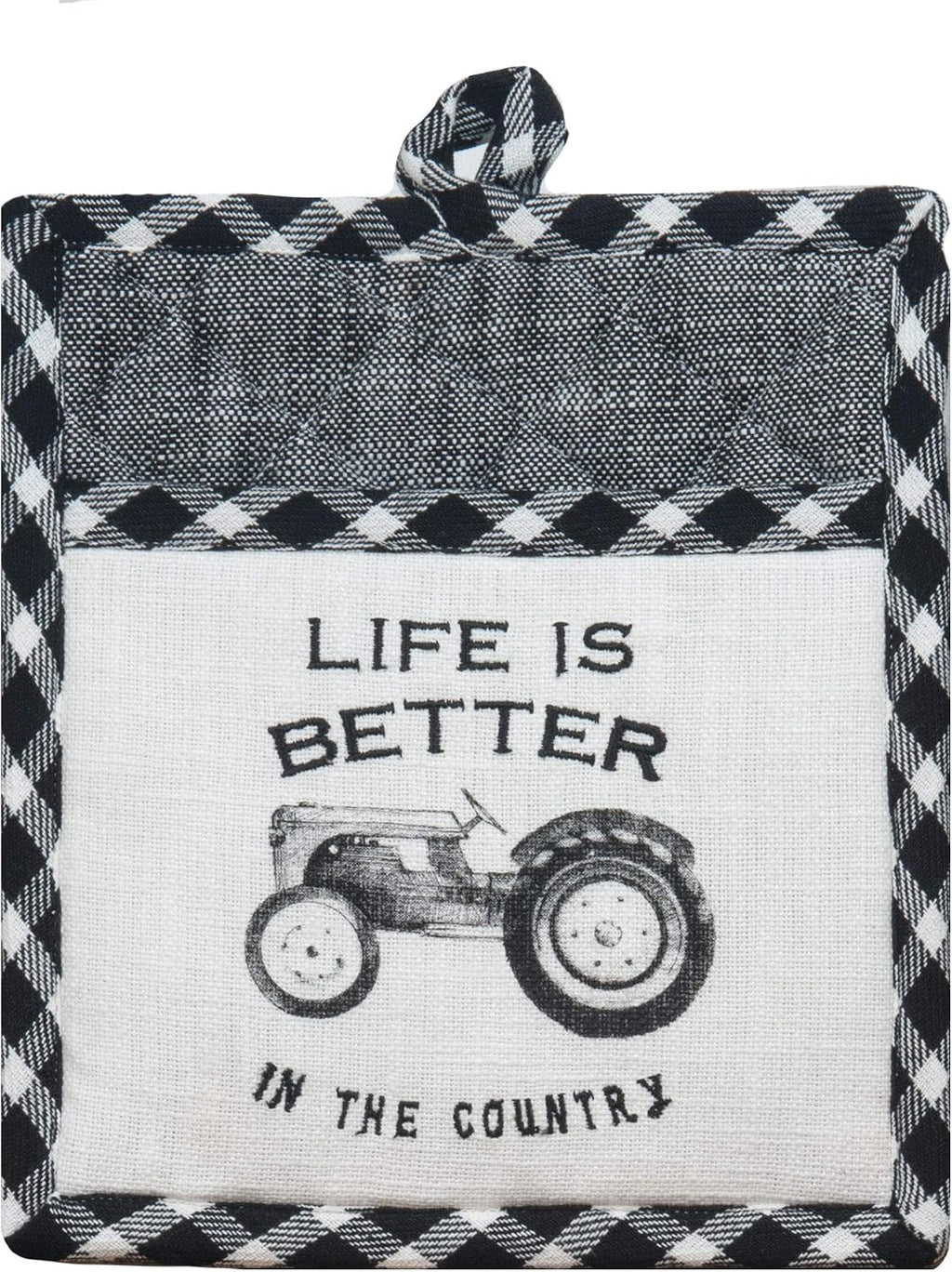 4 Piece Black and White Farmhouse Country Kitchen Linen Set - 2 Towels, Oven Mitt and Pocket Pot Holder