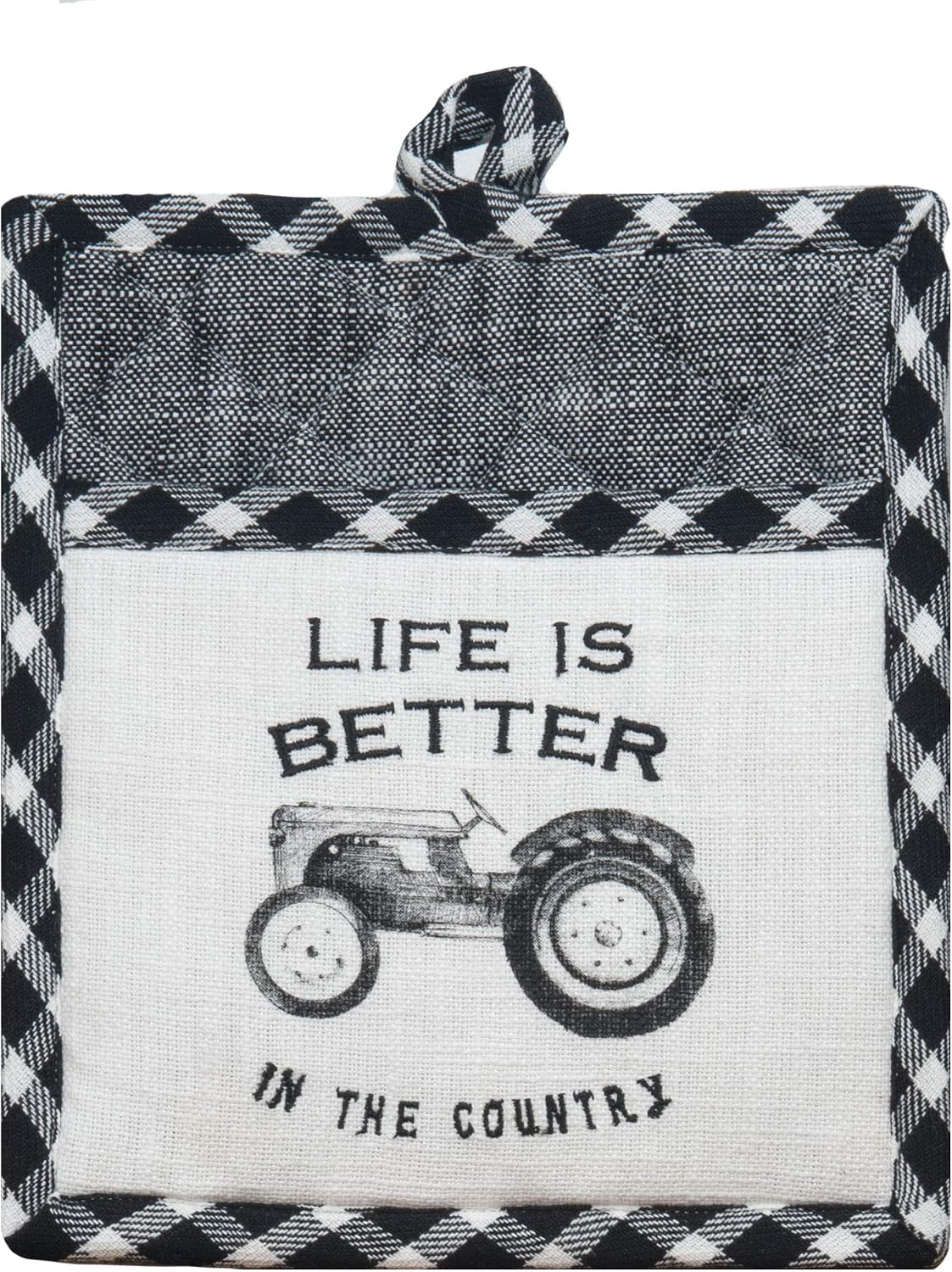 4 Piece Black and White Farmhouse Country Kitchen Linen Set - 2 Towels, Oven Mitt and Pocket Pot Holder