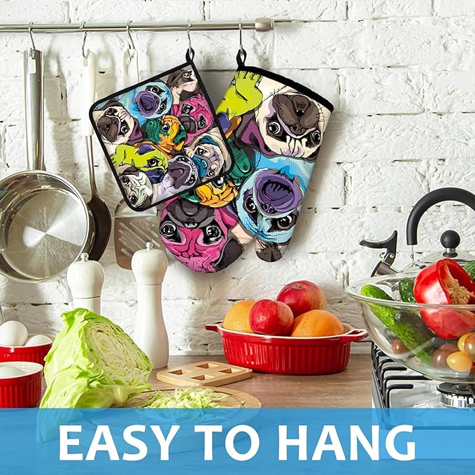 Colorful Pug Dog Face Oven Mitts and Pot Holders Sets Heat Resistant 4Pcs - Image 4