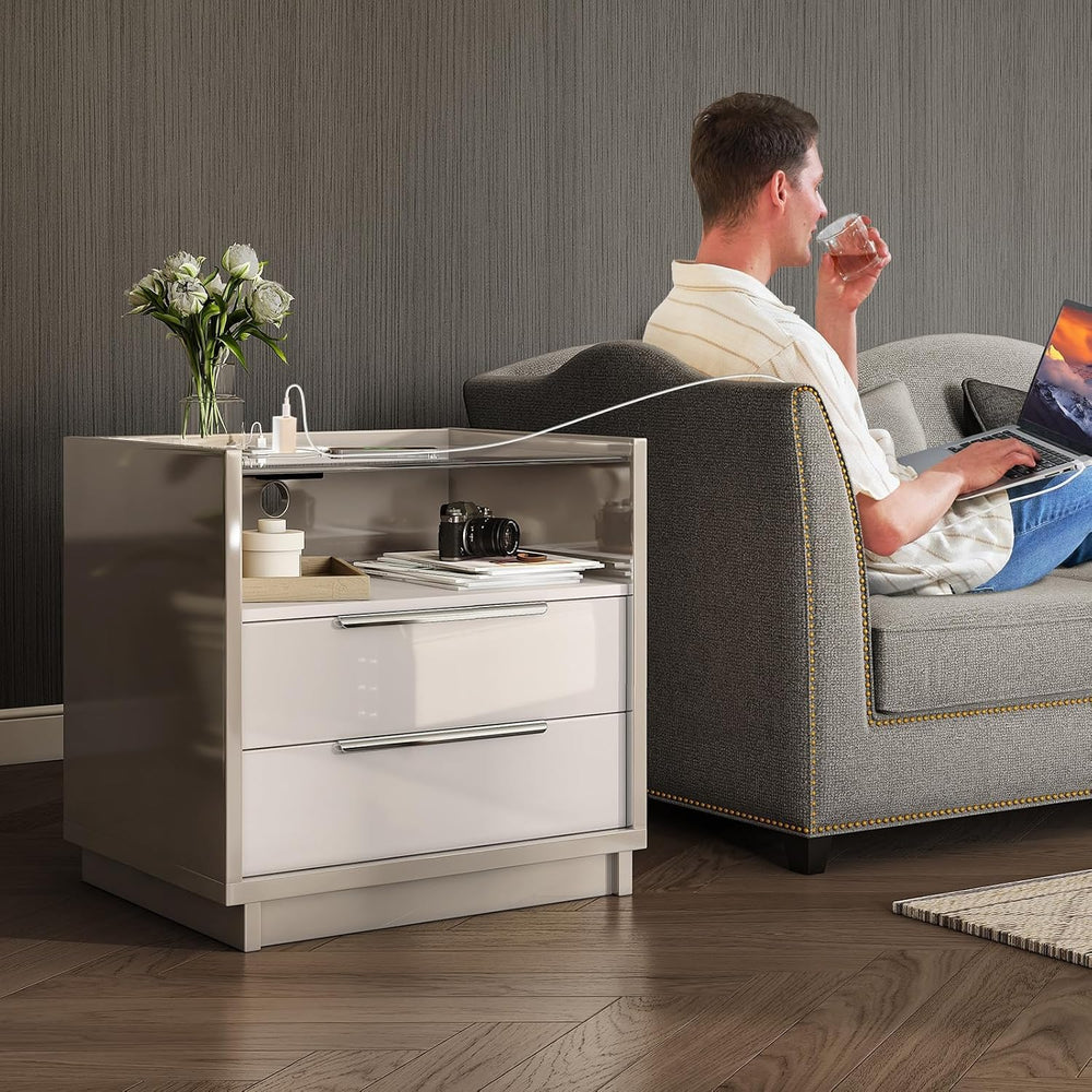 AMERLIFE 23.6" Nightstand Set of 2, Modern Bedside Table, Cream & Gr...