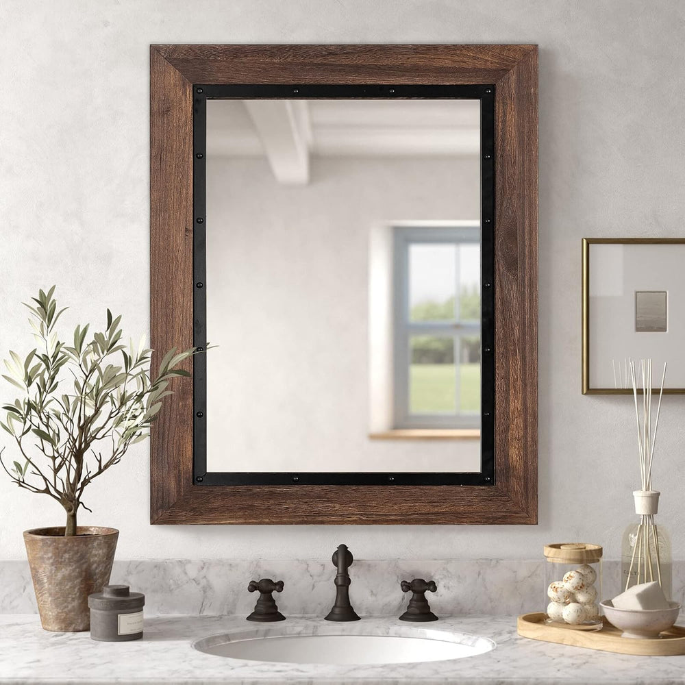 YOSHOOT Rustic Wooden Framed Wall Mirror, Natural Wood and Iron Bathroom Vani...