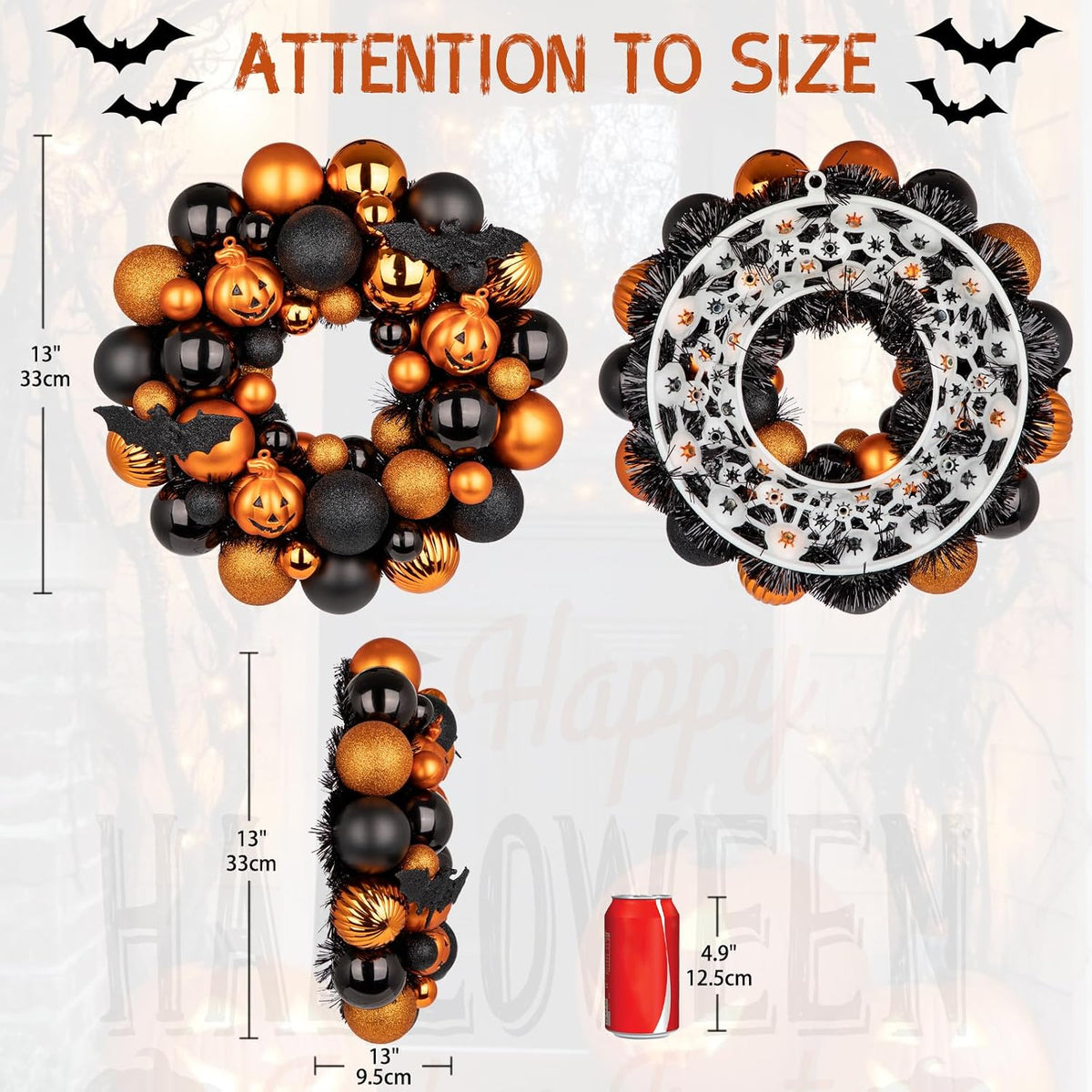 Halloween Wreath for Front Door, 13 inch Small Halloween Ball Wreath with Pumpkins Bats Shatterproof Front Door Wreaths Orange/Black Ball Ornament for Wall Mantel Porch Indoor Outdoor Decor